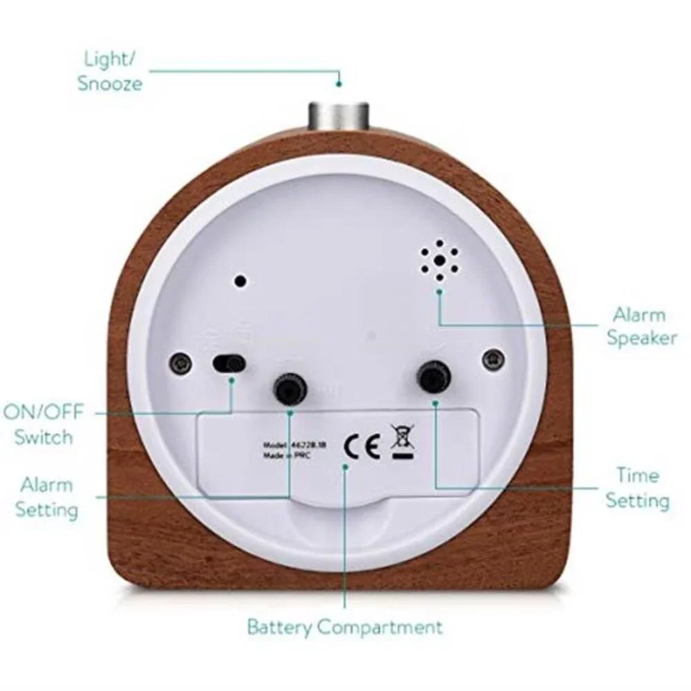 Wood Alarm Clock Non Ticking Analog Bedside Table Clock Battery Operated Snooze